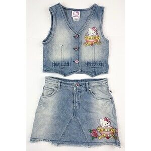 Vintage Hello Kitty Sanrio Denim Skirt Vest Two Piece Girls Outfit Y2K Medium